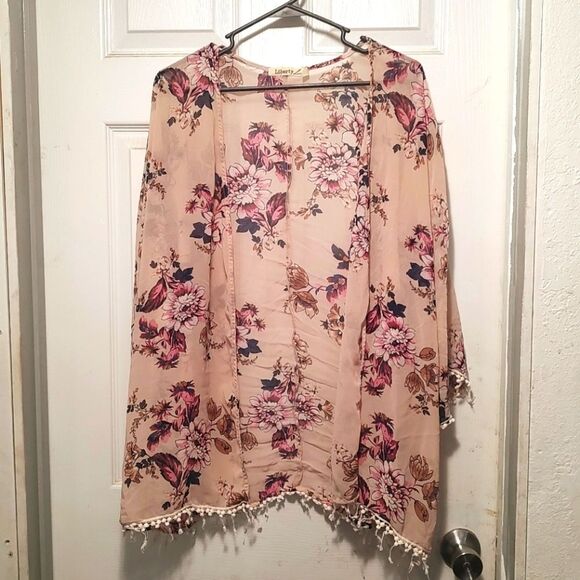 Liberty Love Women's Lightweight Open Front Pink Floral Cardigan Size Large - Picture 1 of 8